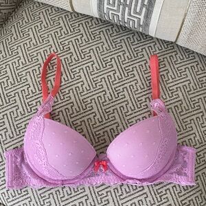 AERIE PINK LACE W CORAL STRAPS PUSH-UP BRA 32B-EUC